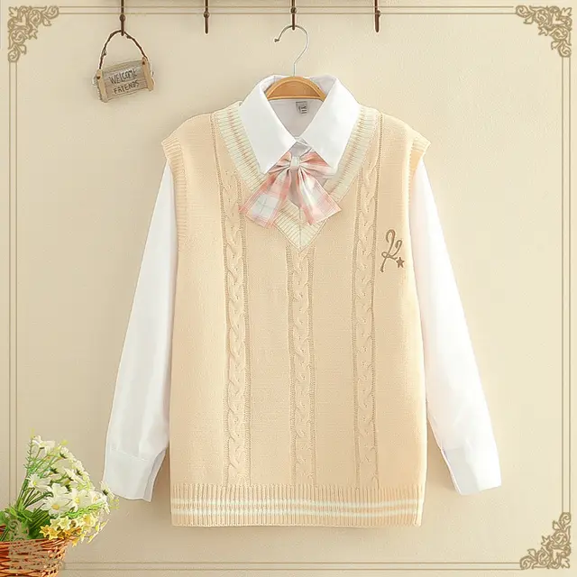 Junior High School Senior College Style Boudoir Suit Casual Vest Shirt Two piece Set Beige - Shop at LoveMi