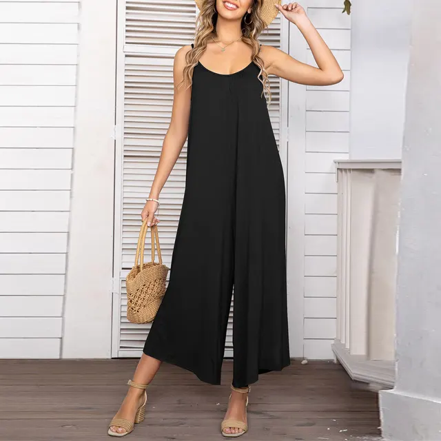 Sleeveless Skinny Strap Jumpsuit Wide Leg Pants Black - Shop at LoveMi