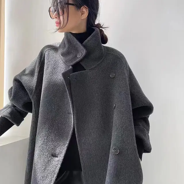 Double sided Cashmere Coat Simple All matching Long Turtleneck Cardigan Dark Grey - Shop at LoveMi