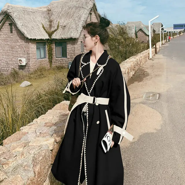 Beige Double sided WoolWomen's Color Edge Baggy Felt Coat Black - Shop at LoveMi