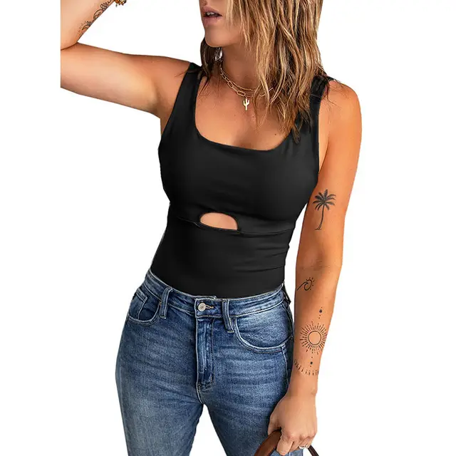 European And American Solid Color Women's Sleeveless Hollow Vest Black - Shop at LoveMi