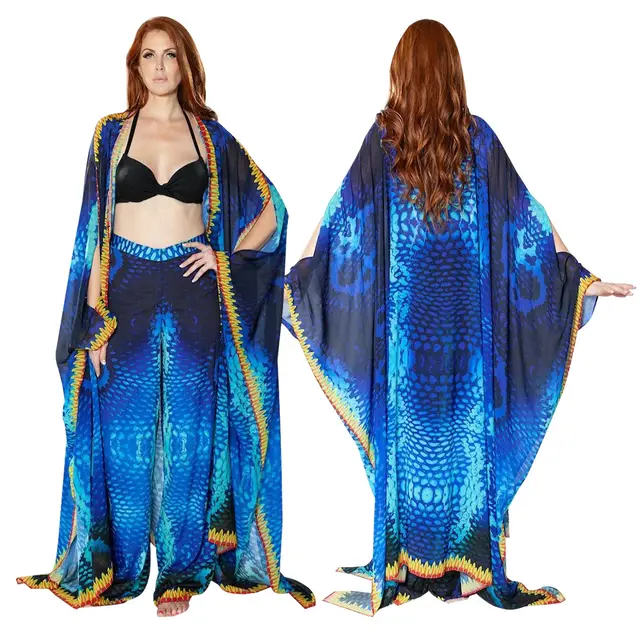 Women's V neck Casual Printed Jacket With Perspective Chiffon Shirt Blue Snake Pattern - Shop at LoveMi