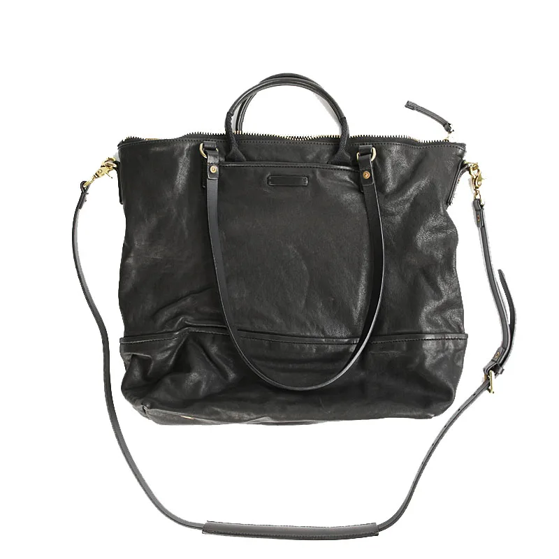 Daily Outdoor Large capacity Travel Handmade Vegetable Tanned Cowhide Handbag Shoulder Tote Bag Black - Shop at LoveMi