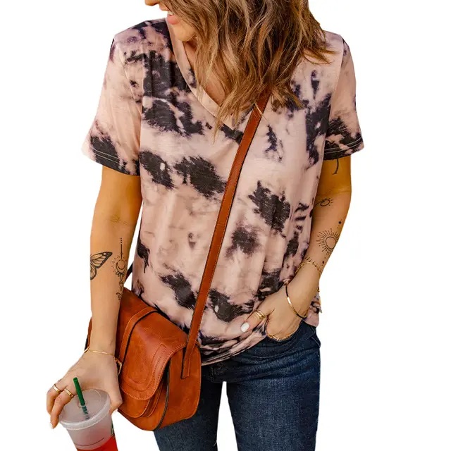 Women's V neck Short sleeved Shirt Casual Printed All matching T shirt Pink - Shop at LoveMi