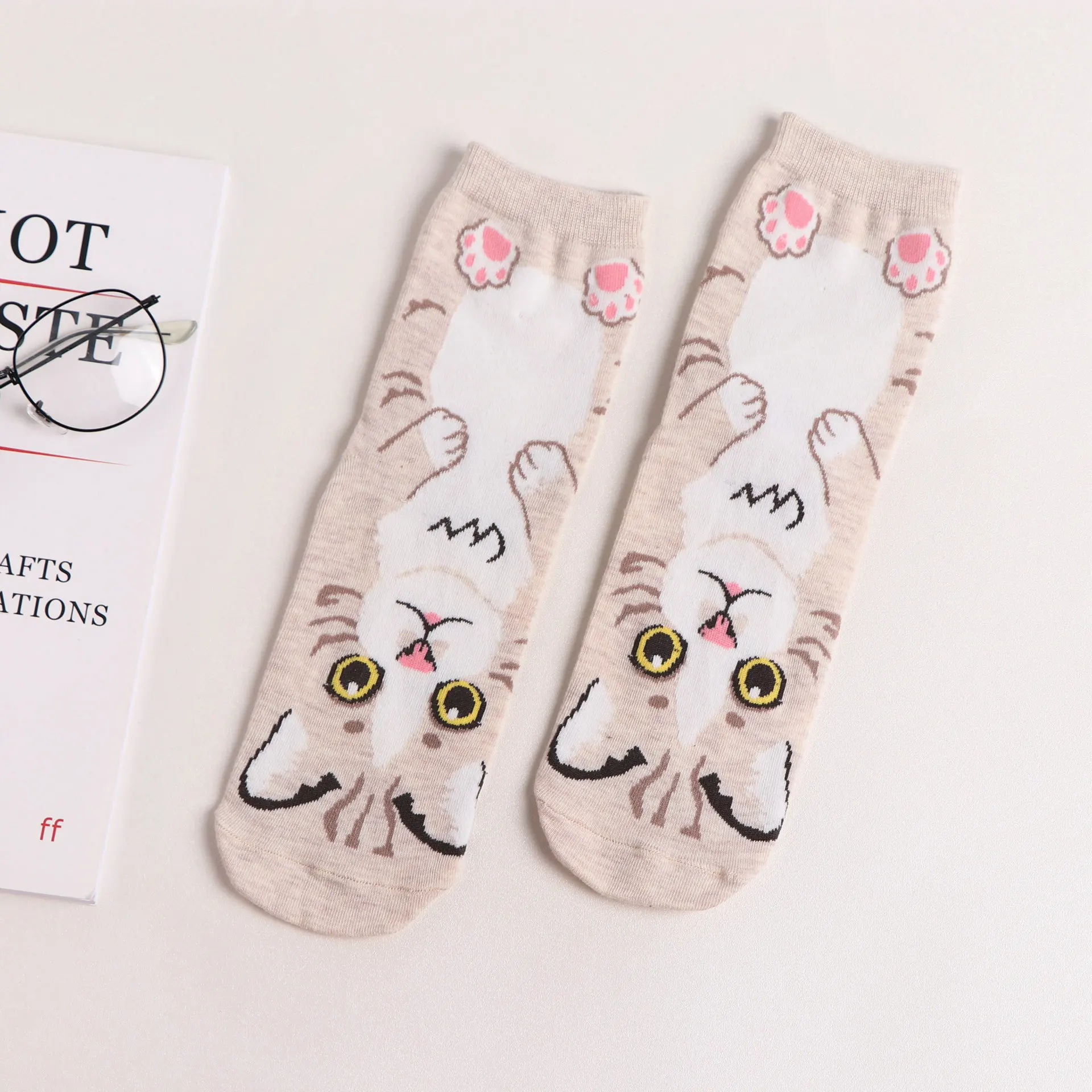 Straight Socks Animal Cute Female Cat Cotton Comfortable Tube Socks - Beige