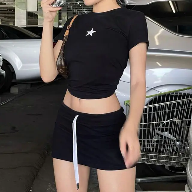 American Spicy Girl Star Print Short Sleeve T shirt Black - Shop at LoveMi