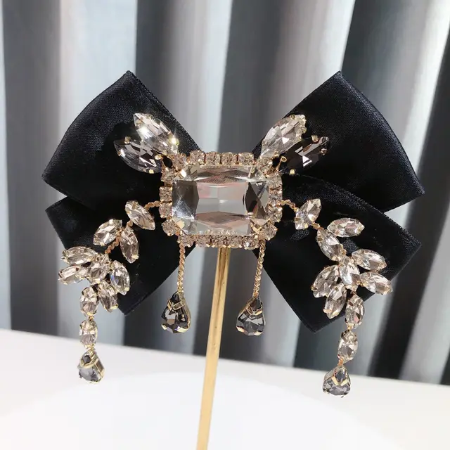 Rhinestone Solid Vintage British Bow Tie Breast Pin Brooch Black - Shop at LoveMi