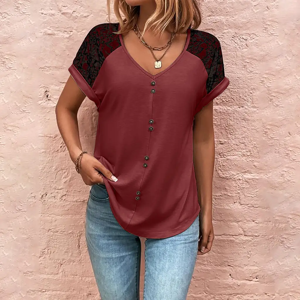 Women's T-Shirt Lace Stitching V-neck Top With Button Casual Summer Short Sleeve Pullover Shirt - Burgundy