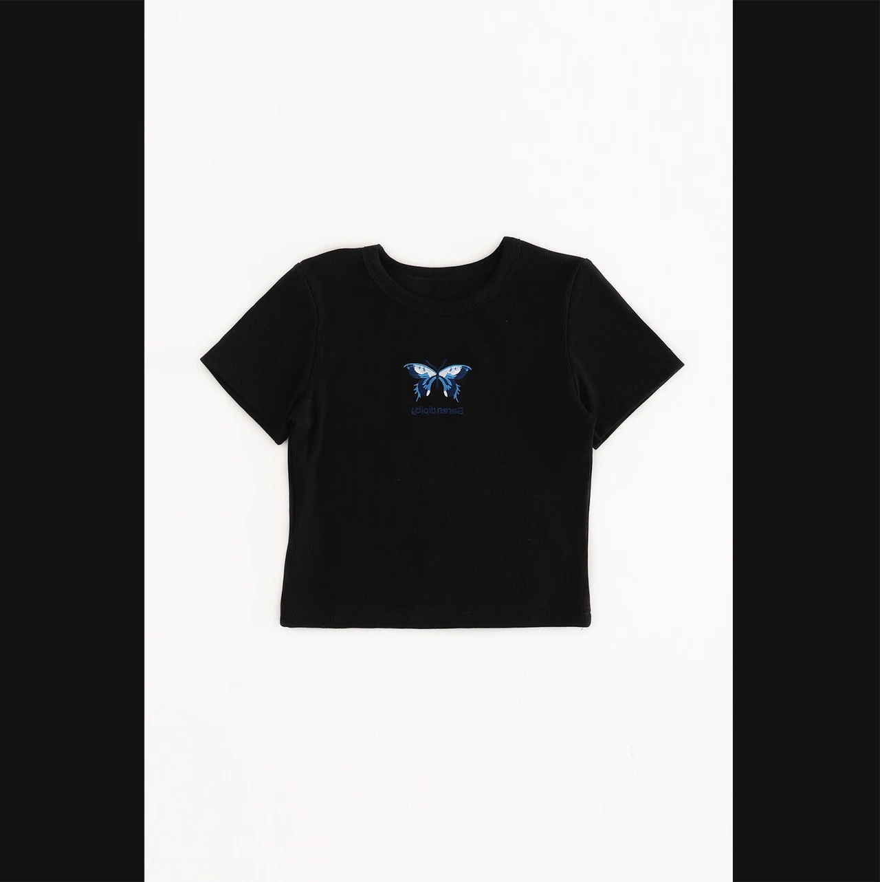 Round Neck Tight Chest Butterfly Embroidery High Waisted Short T-shirt For Women - Black