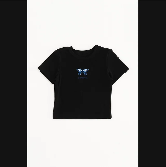 Round Neck Tight Chest Butterfly Embroidery High Waisted Short T shirt For Women Black - Shop at LoveMi