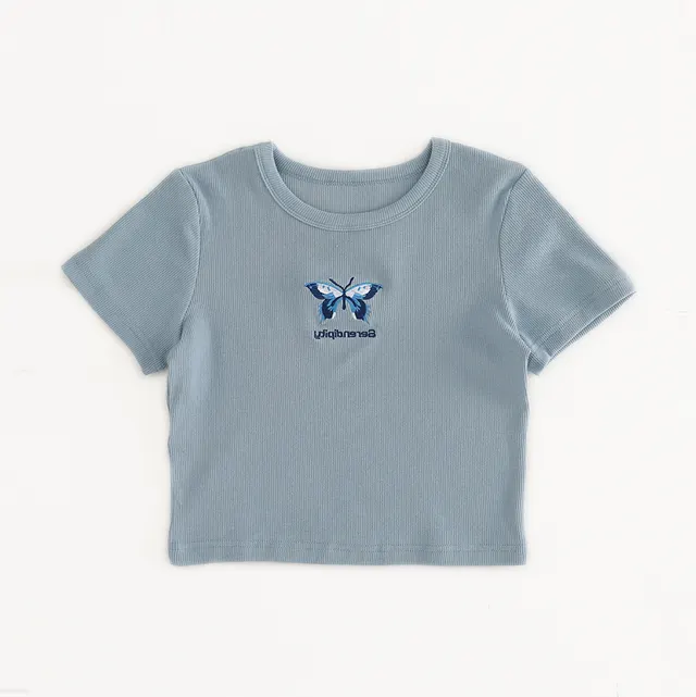 Round Neck Tight Chest Butterfly Embroidery High Waisted Short T shirt For Women Foggy Blue - Shop at LoveMi
