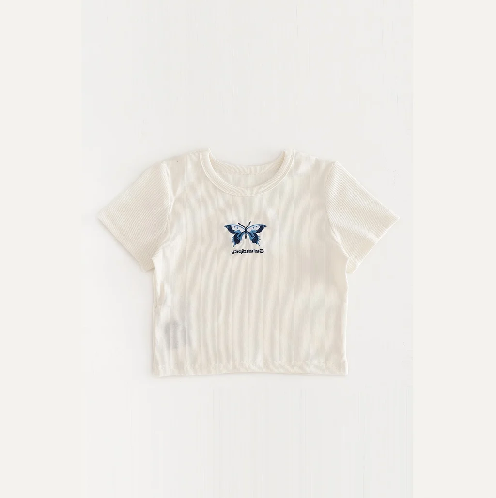 Round Neck Tight Chest Butterfly Embroidery High Waisted Short T-shirt For Women - White