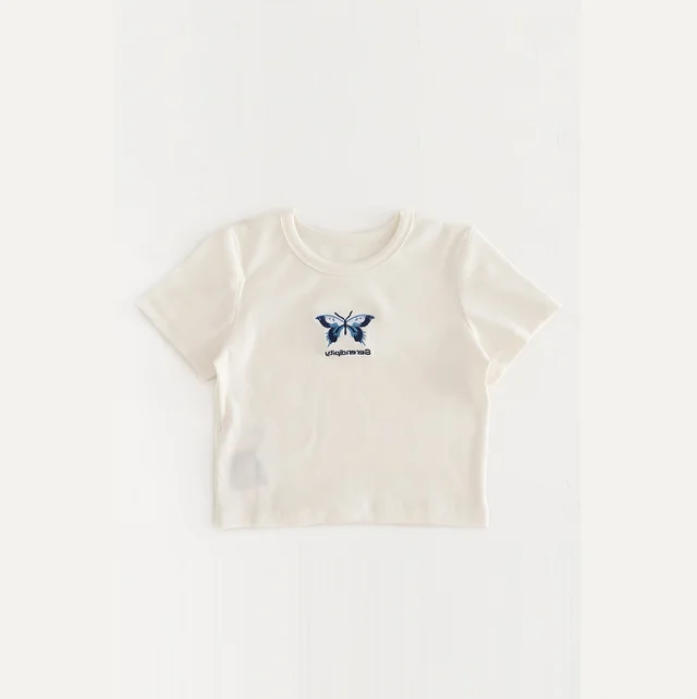 Round Neck Tight Chest Butterfly Embroidery High Waisted Short T shirt For Women White - Shop at LoveMi