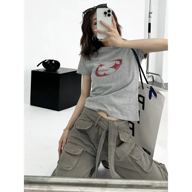 INS American Slim Fit T shirt Retro Design Short Women's Grey - Shop at LoveMi