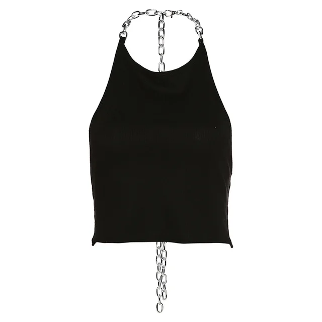 Women's New Product Iron Chain Slim Fit Open Back Hanging Neck Tank Top Black - Shop at LoveMi
