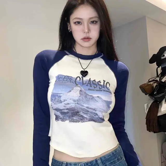 American Retro Raglan Sleeves Short Top For Women Navy Blue - Shop at LoveMi