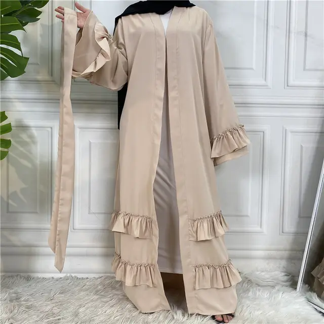 Ruffled Sleeves Lace Up Dubai Arab Cardigan Robe Apricot - Shop at LoveMi
