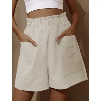 Wide leg Casual Shorts With Pockets High Waist Elastic Pants Women Beige - Shop at LoveMi