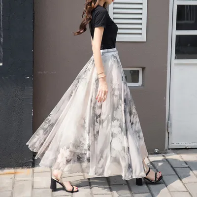 Chiffon Skirt Women's Summer New Expansion For Vacation Long Skirt Light Gray - Shop at LoveMi