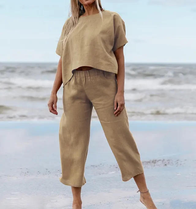 New Casual Large Size Suit Loose Solid Color Short Sleeve Shirt Trousers Khaki - Shop at LoveMi