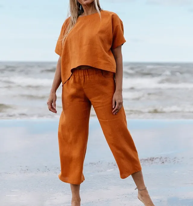 New Casual Large Size Suit Loose Solid Color Short Sleeve Shirt Trousers Orange - Shop at LoveMi
