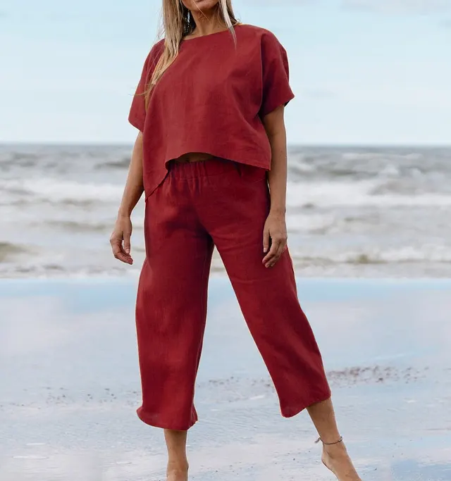 New Casual Large Size Suit Loose Solid Color Short Sleeve Shirt Trousers Wine Red - Shop at LoveMi