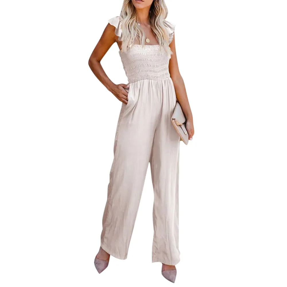 Women's Casual Ruffled Shoulder Straps High Waist Solid Color Wide Leg Jumpsuit - Apricot