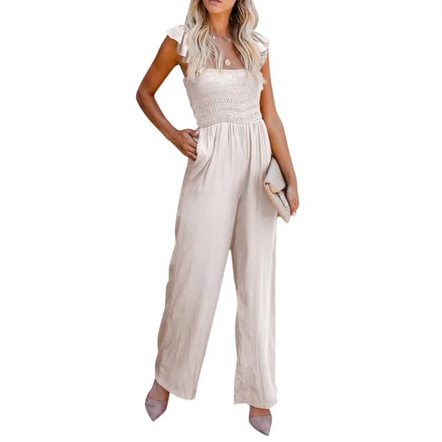 Women's Casual Ruffled Shoulder Straps High Waist Solid Color Wide Leg Jumpsuit Apricot - Shop at LoveMi