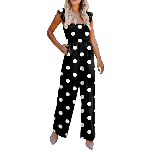 Women's Casual Ruffled Shoulder Straps High Waist Solid Color Wide Leg Jumpsuit Black Dots - Shop at LoveMi