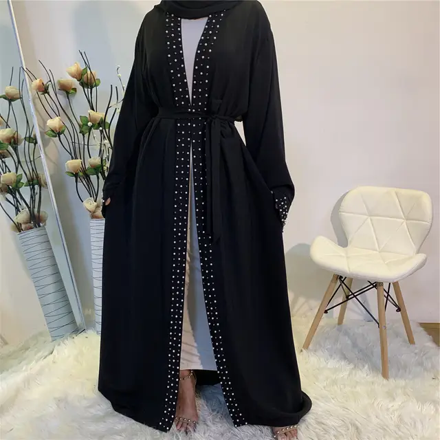 Beaded Muslim Lace Up Cardigan Robe Black - Shop at LoveMi