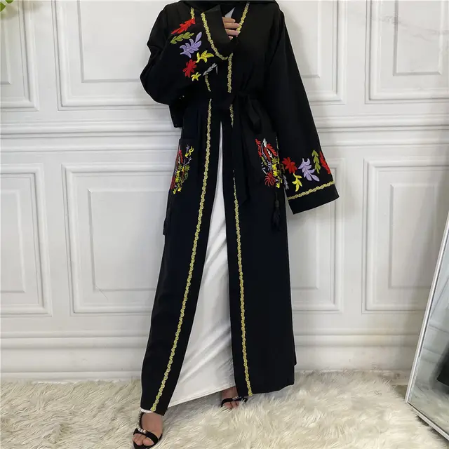 Fashionable Embroidered Cardigan Lace Up Women's Robe Black - Shop at LoveMi