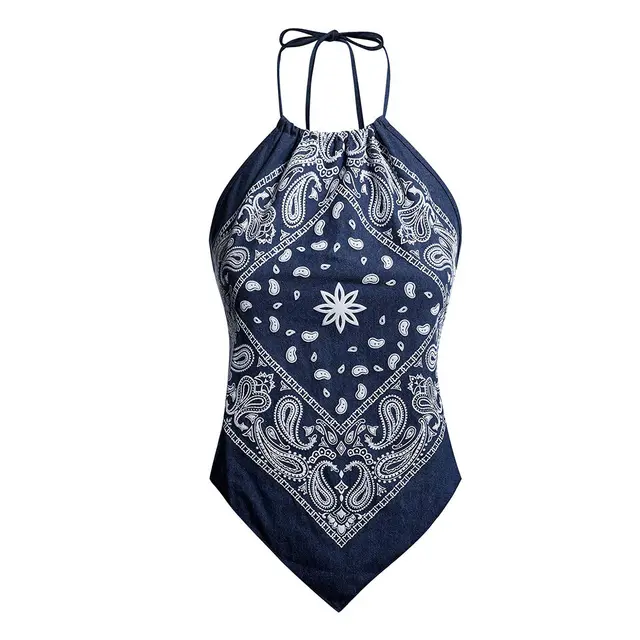 Women's Paisley Turbantie Backless Top Navy Blue - Shop at LoveMi