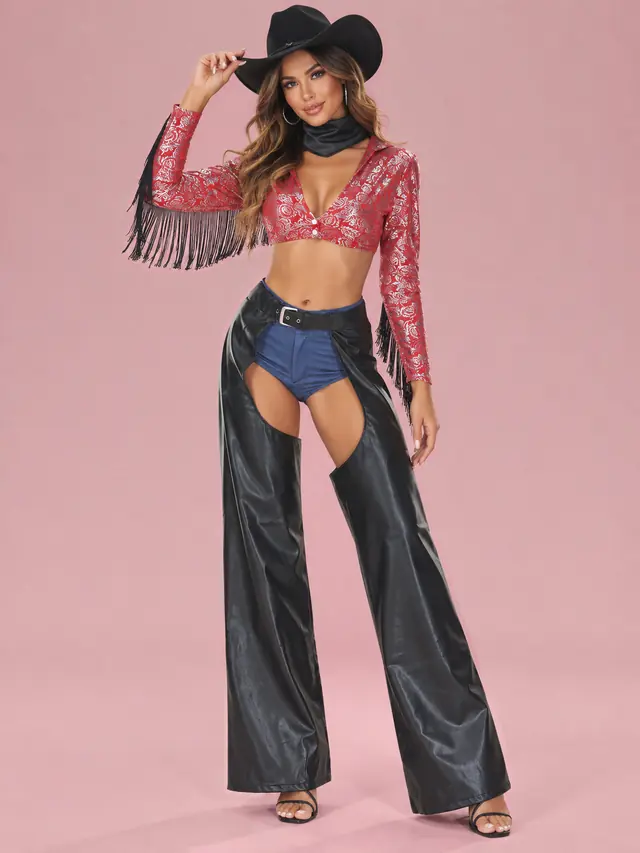 Cowgirl Costume Set with Chaps for Women Red and Black with Hat - Shop at LoveMi