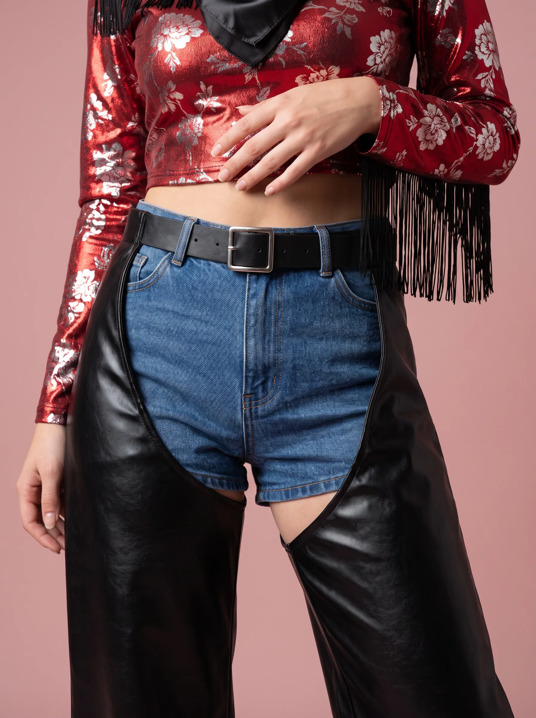 Cowgirl Costume Set with Chaps for Women - Red and Black with Hat - View 4