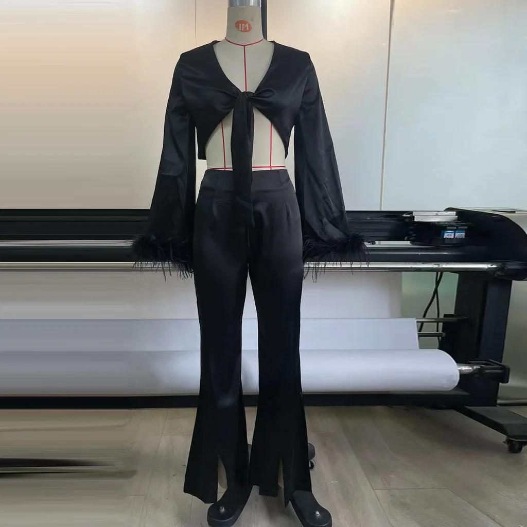 Women's Feather Long Sleeve Furry Stitching Sexy Midriff Outfit Split Trousers Casual Suit - Black