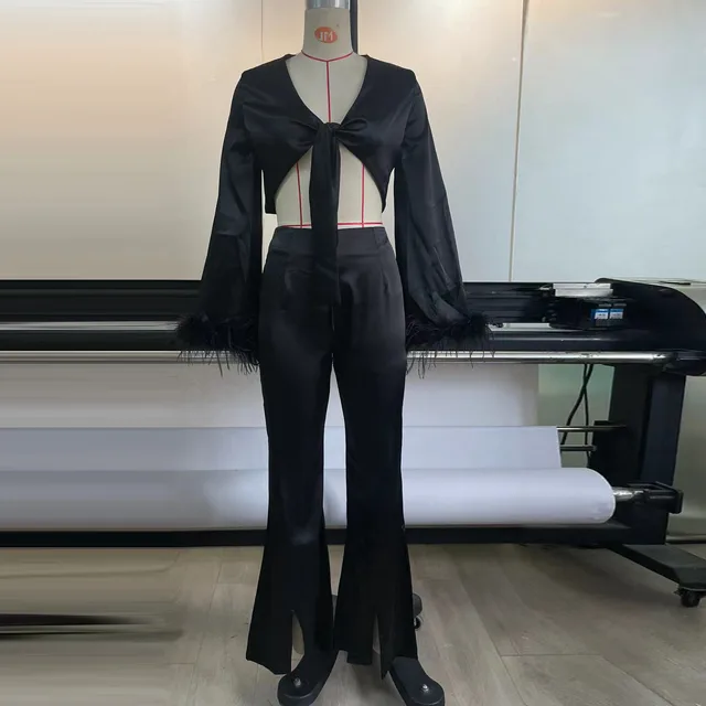 Women's Feather Long Sleeve Furry Stitching Sexy Midriff Outfit Split Trousers Casual Suit Black - Shop at LoveMi