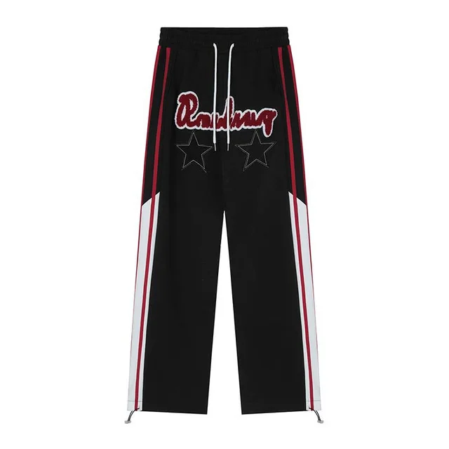 American Retro Original Letter Flocked Casual Pants Black - Shop at LoveMi