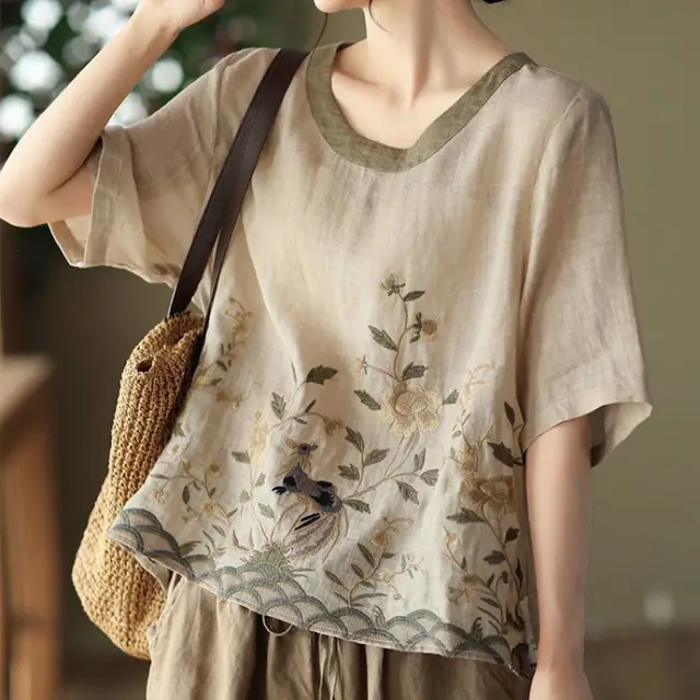 Art Retro Embroidery Top Colored Round Neck Pullover Apricot - Shop at LoveMi