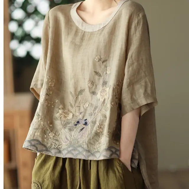 Art Retro Embroidery Top Colored Round Neck Pullover Military Khaki - Shop at LoveMi