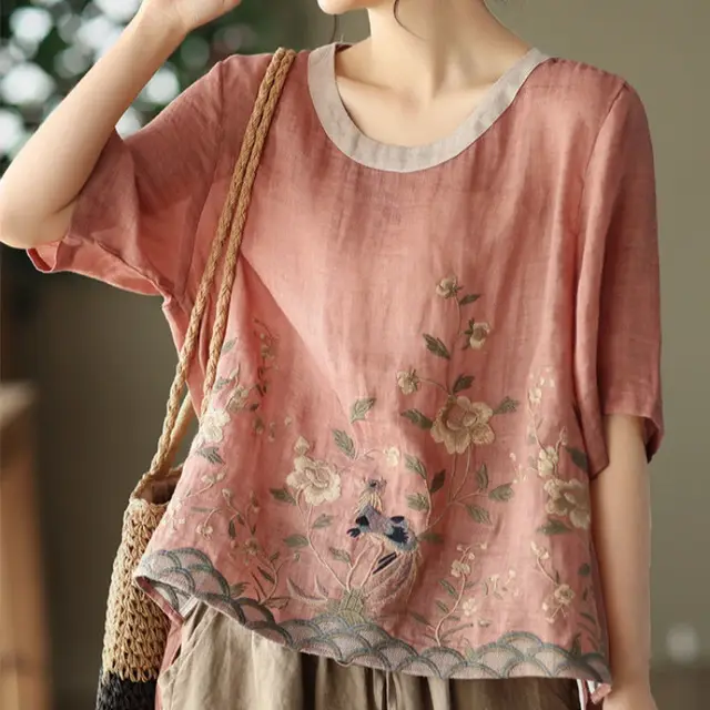 Art Retro Embroidery Top Colored Round Neck Pullover Pink - Shop at LoveMi