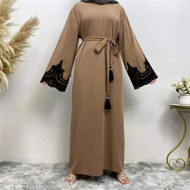 Long Sleeved Lace Patchwork Dress Brown - Shop at LoveMi