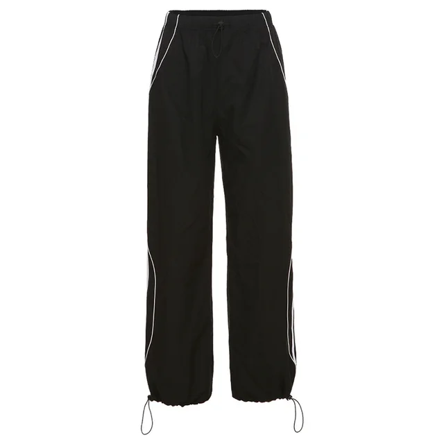 Women's Solid Color Loose Fitting Street Fashion High Waisted Straight Drawstring Casual Pants Black - Shop at LoveMi