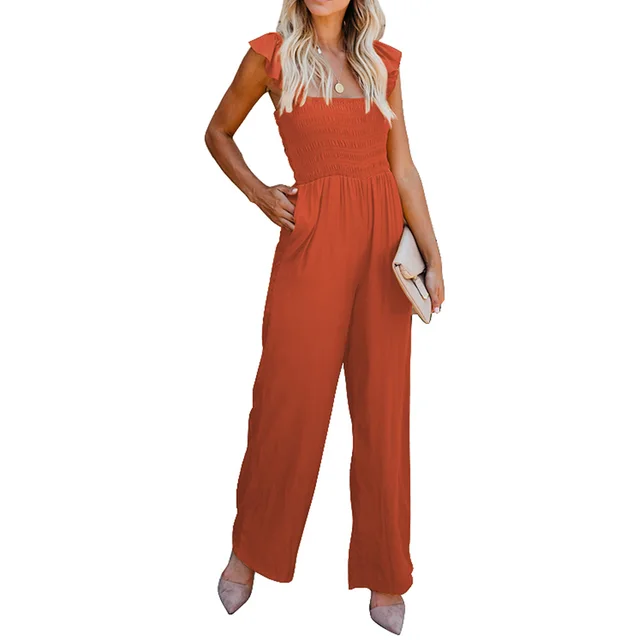 Summer Solid Pocket Casual Loose Wide Leg Jumpsuit Orange - Shop at LoveMi