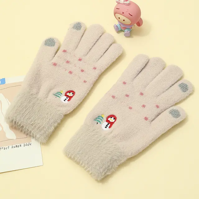 Padded And Thickened Warm Snowman Embroidered Touch Screen Gloves Beige - Shop at LoveMi