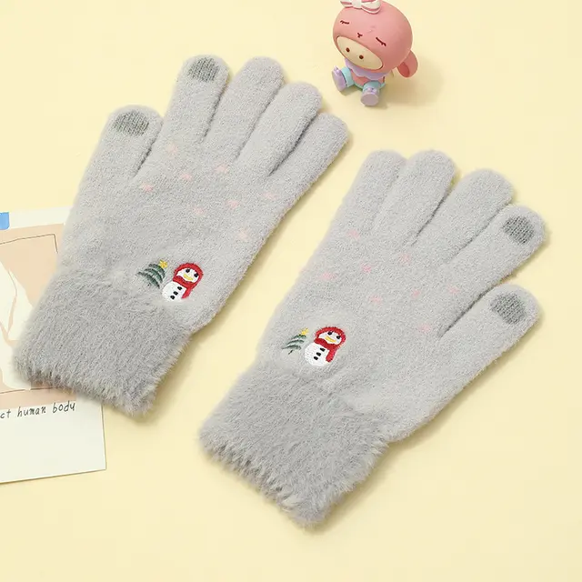 Padded And Thickened Warm Snowman Embroidered Touch Screen Gloves Grey - Shop at LoveMi