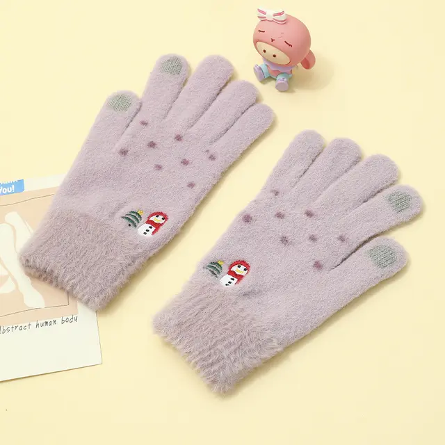 Padded And Thickened Warm Snowman Embroidered Touch Screen Gloves Purple - Shop at LoveMi
