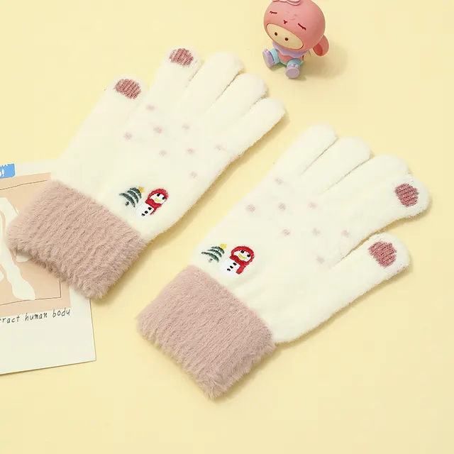 Padded And Thickened Warm Snowman Embroidered Touch Screen Gloves White - Shop at LoveMi