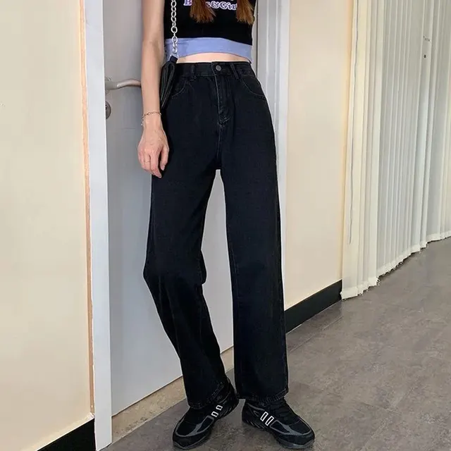 Ripped Lined Jeans Women's Full Straight Loose Wide Leg Feeling Long Pants Black - Shop at LoveMi
