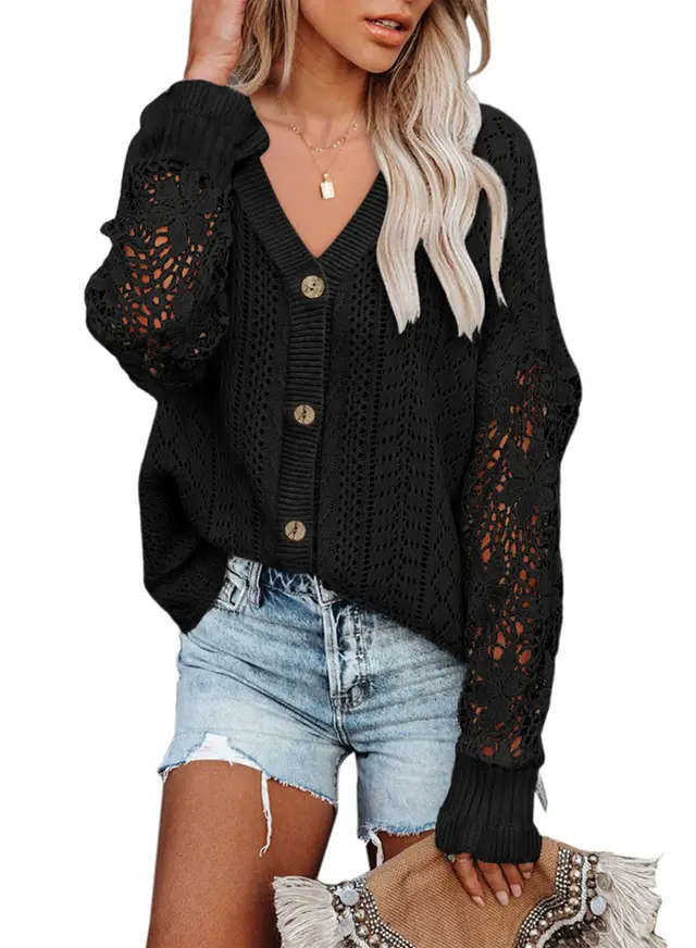 Cross border Casual Pure Color All matching Cardigan Hollow Lace Long Sleeve V neck Sweater Top Women Black - Shop at LoveMi