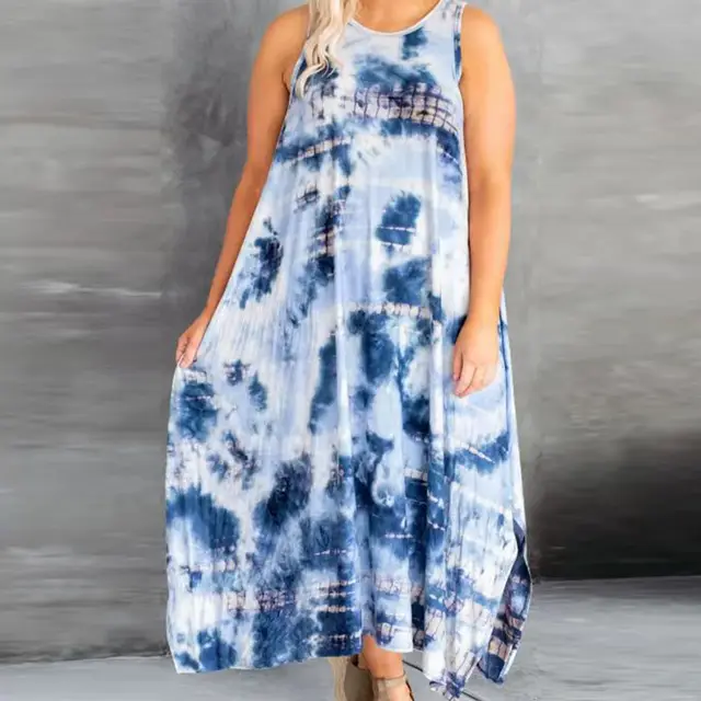 Sleeveless Round Neck Printed Loose Fitting Dress Blue - Shop at LoveMi